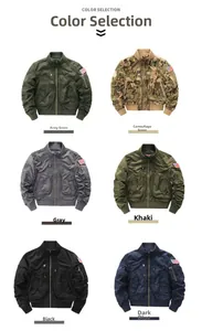 Flat lay matrix of MA-1 flight jackets in six colors with tactical sleeve patches