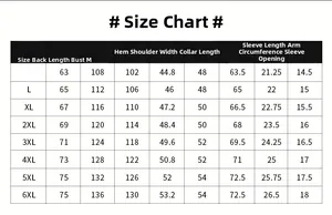 Detailed size chart for men's bomber jacket showing dimensions from M to 6XL sizes