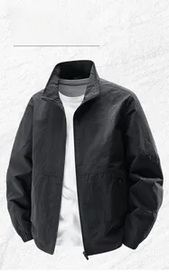 Close-up of lightweight stand collar jacket showing textured fabric and size L neck label