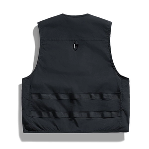 Back view of black multi-pocket cargo vest with D-ring buckle and tactical webbing detail