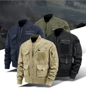 Close-up of four tactical bomber jackets showing utility pockets and durable fabric texture