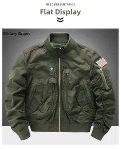 Army green bomber jacket featuring tactical patches and functional sleeve zipper pocket