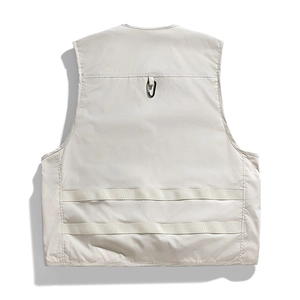 Back view of light beige multi-pocket cargo vest with D-ring and utility straps