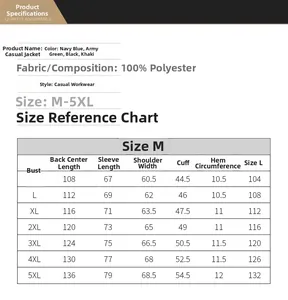 Detailed size chart for men's outdoor jacket showing chest, length, and shoulder dimensions