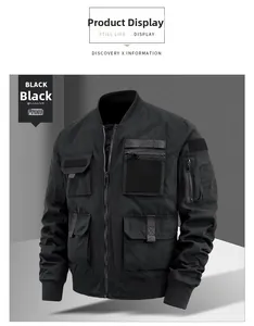 Detailed front view of black tactical bomber jacket with multiple functional pockets