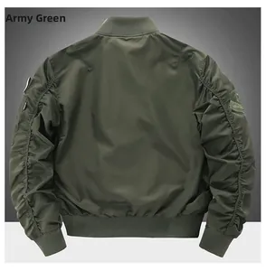 Rear view of an army green bomber jacket with MA-1 sleeve pocket and tactical patches