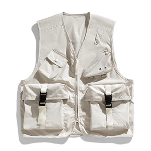 Men's outdoor tactical multi-pocket vest in off-white with V-neck and zipper closure
