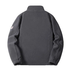 Men's dark gray fleece jacket with stand collar and outdoor badge on the arm, flat lay view