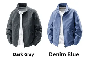 Close-up of windproof fabric texture on dark gray and denim blue zip-up casual jackets