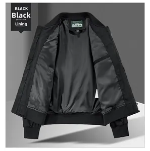 Detail view of black flight jacket interior featuring inner pocket and woven neck label