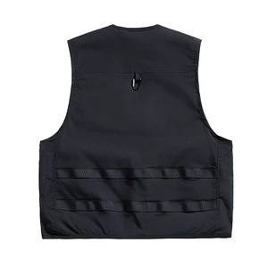 Black multi-pocket tactical cargo vest with MOLLE webbing system and D-ring on the back