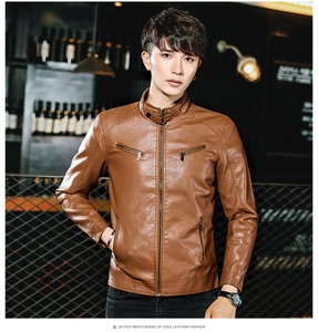 Close-up detail of a slim-fit brown biker leather jacket with silver metallic zippers
