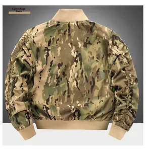 Back view of camouflage green pilot jacket with ribbed cuffs and hem on a mannequin