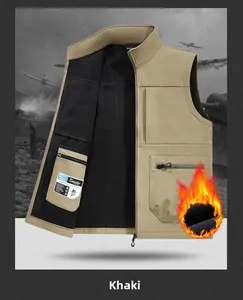 Detail of khaki outdoor tactical vest showing warm fleece lining and military design