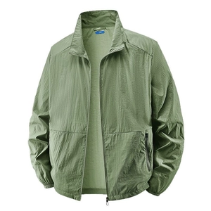 Men's lightweight stand collar sun protection jacket in sage green with zippered pockets