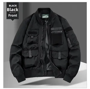 Detailed front view of black tactical bomber jacket with multi-pocket utility features