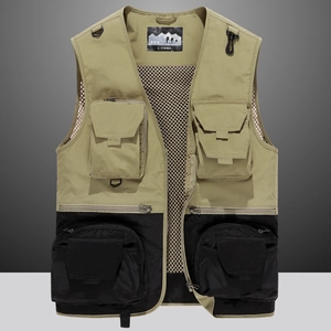 Men's outdoor multi-pocket fishing vest in khaki and black with breathable mesh lining