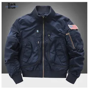 Detail of navy blue pilot jacket with embroidered flag patch and utility pockets