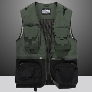Outdoor multi-pocket fishing vest in army green and black with waterproof fabric