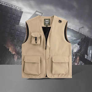 Outdoor multi-pocket tactical vest in khaki with breathable mesh lining and zipper