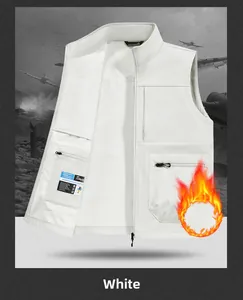White multi-pocket softshell outdoor vest with windproof warm fleece lining and zipper