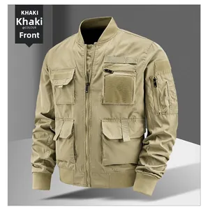 Detailed front view of khaki pilot jacket with tactical multi-pockets and ribbed cuffs