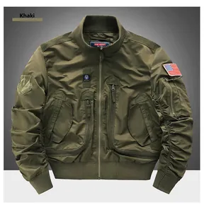 Detail of military tactical flight jacket with American flag patch and ribbed cuffs
