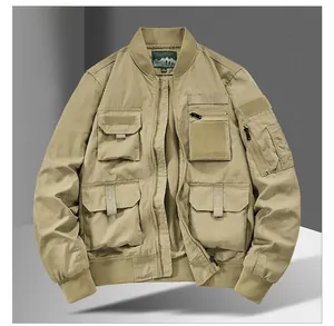 Detailed front view of khaki bomber jacket featuring multi-pocket utility design and MA-1 sleeve pocket