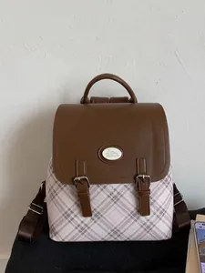 Vintage large-capacity backpack with brown faux leather flap and pink plaid fabric