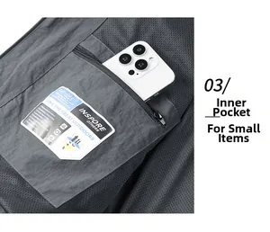 Macro shot of men's jacket inner pocket with breathable mesh and technical label