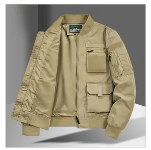 Detail view of khaki bomber jacket featuring functional multi-pockets and windproof fabric