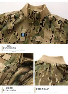 Detail of CP camouflage tactical jacket showing ribbed stand collar and heavy duty zipper