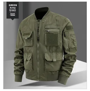 Front view of army green bomber jacket with tactical multi-pockets and ribbed collar