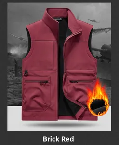 Detail view of brick red outdoor vest with tactical pockets and warm fleece lining