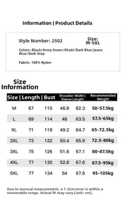 Detailed size chart for men's casual nylon jacket showing measurements from M to 5XL