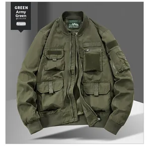 Front detail of army green bomber jacket featuring four large 3D tactical cargo pockets