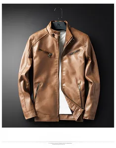 Detail of tan leather motorcycle jacket featuring quilted shoulders and zip pockets