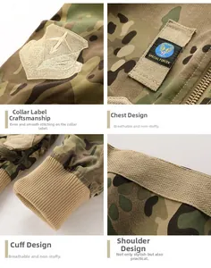 Detail of camouflage tactical jacket featuring special forces patch and rib-knit cuffs