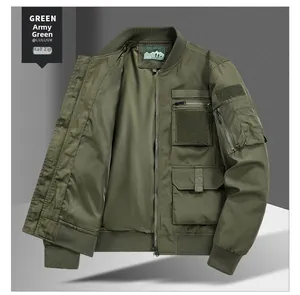Detail of army green bomber jacket with utility sleeve pocket and quilted lining texture