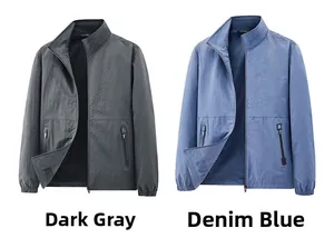 Detail view of water-resistant outdoor jackets in dark grey and denim blue colors