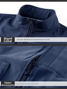 Detailed view of the stand-up collar and smooth zipper on a navy outdoor softshell vest