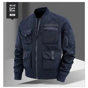 Front view of a navy blue tactical bomber jacket with multi-pocket design and rib-knit trim