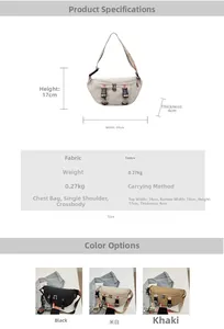 Detailed dimension guide for trendy canvas chest bag with colorful woven straps