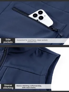 Detail view of smooth zipper pockets and durable stitching on blue outdoor vest