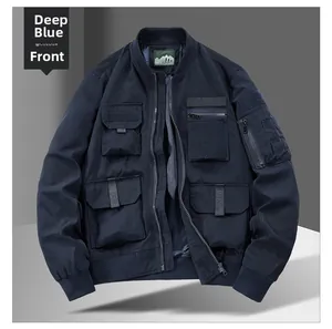 Detail of dark blue bomber jacket featuring tactical pockets and windproof fabric