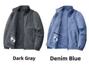 Detail view of lightweight standing collar jackets in dark grey and denim blue