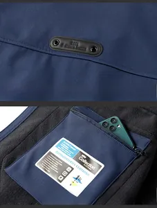 Detail view of outdoor vest featuring zippered inner pocket and leather back accent
