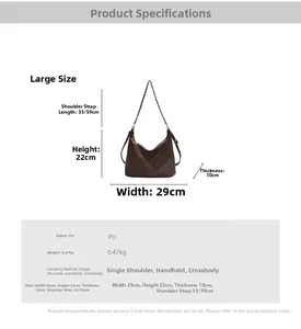 Detailed size chart for brown woven PU leather hobo bag with adjustable strap length