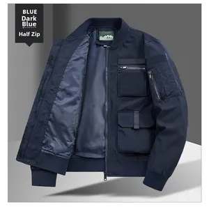 Detailed view of the dark blue flight jacket with tactical multi-pockets and ribbed cuffs