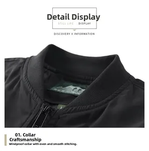 Detail of black bomber jacket featuring ribbed knit collar and durable windproof fabric